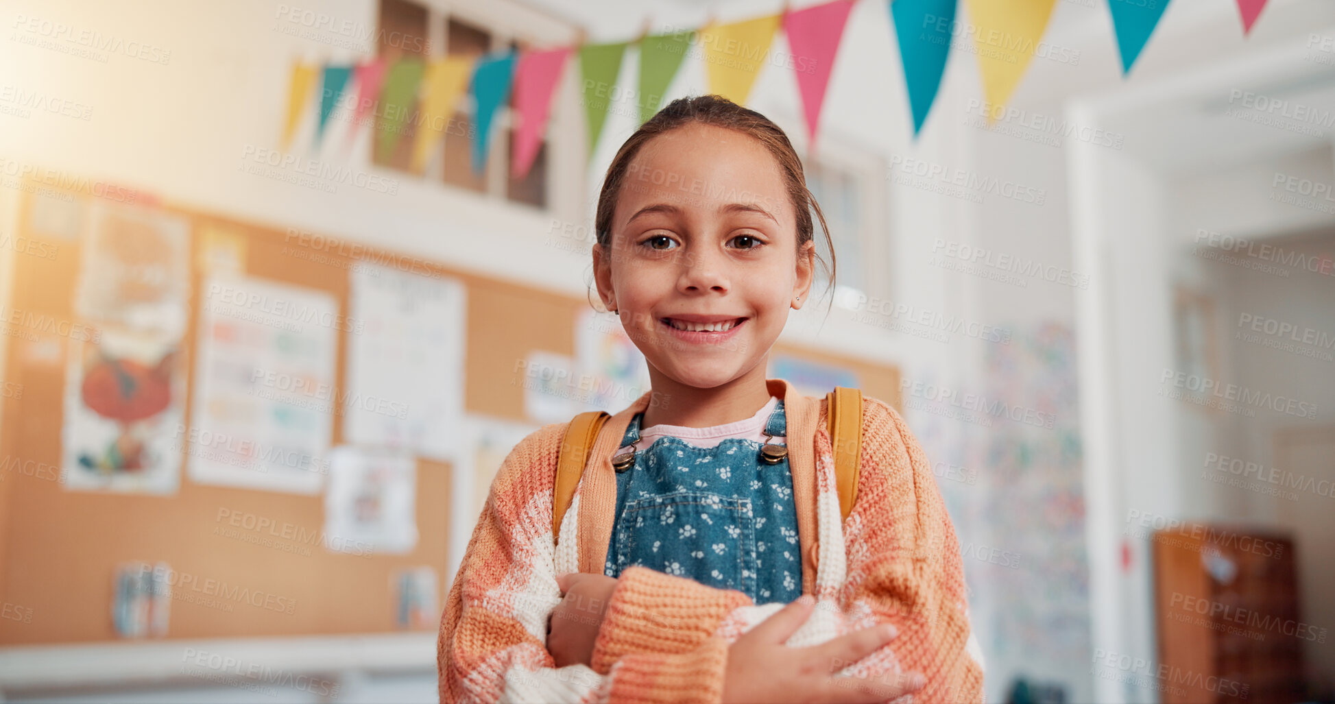 Buy stock photo Arms crossed, student and learning with girl in classroom for education, future and youth. Scholarship, academy and growth with portrait of kid in school for child development, knowledge and lesson