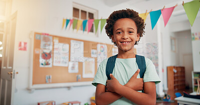 Buy stock photo Smile, student and education with boy in classroom for learning, future and youth. Scholarship, academy and growth with portrait of male kid in school for child development, knowledge and lesson