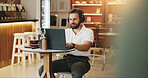 Headphones, laptop and man in coffee shop for remote work, music and copywriter research for blog. Cafe, freelancer and listening to audio on computer for writing, typing article and online project