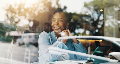Buy stock photo Business, thinking and black woman in cafe, tablet and smile with decision, sales growth and relax. African person, professional and entrepreneur in coffee shop, tech and choice with wonder and ideas