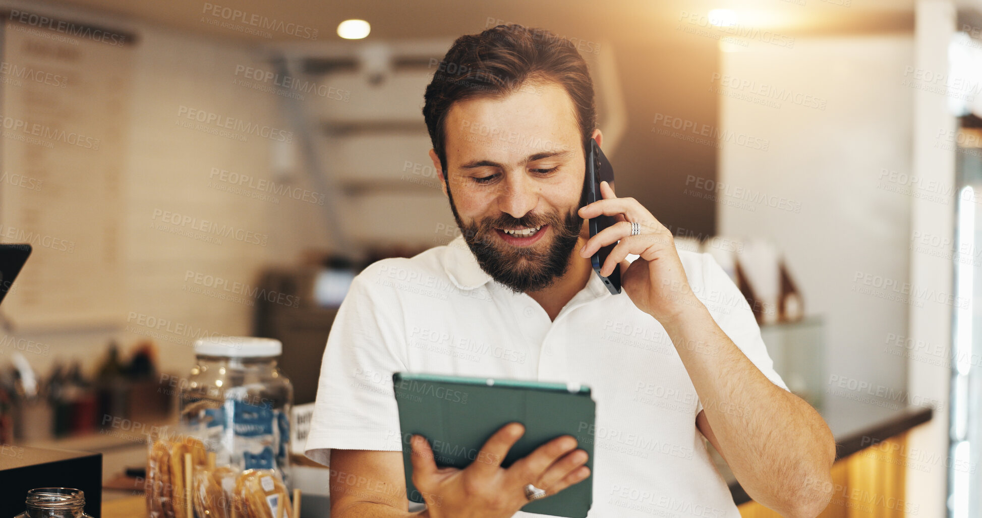 Buy stock photo Manager, tablet and phone call with man in cafe for inventory checklist, barista and hospitality. Customer review, restaurant menu and communication with person in coffee shop for supplier contact