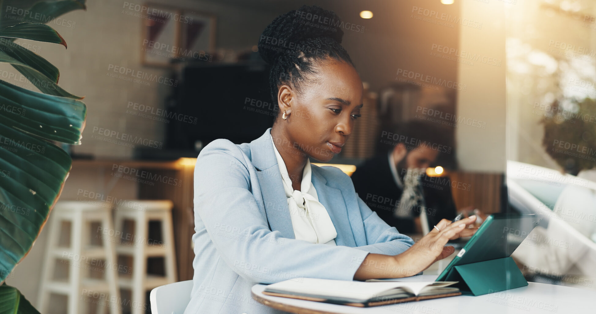 Buy stock photo Tablet, remote work and business with woman in cafe for research, lunch break and planning. Scroll, online report and notebook with person in coffee shop for customer, schedule and client feedback