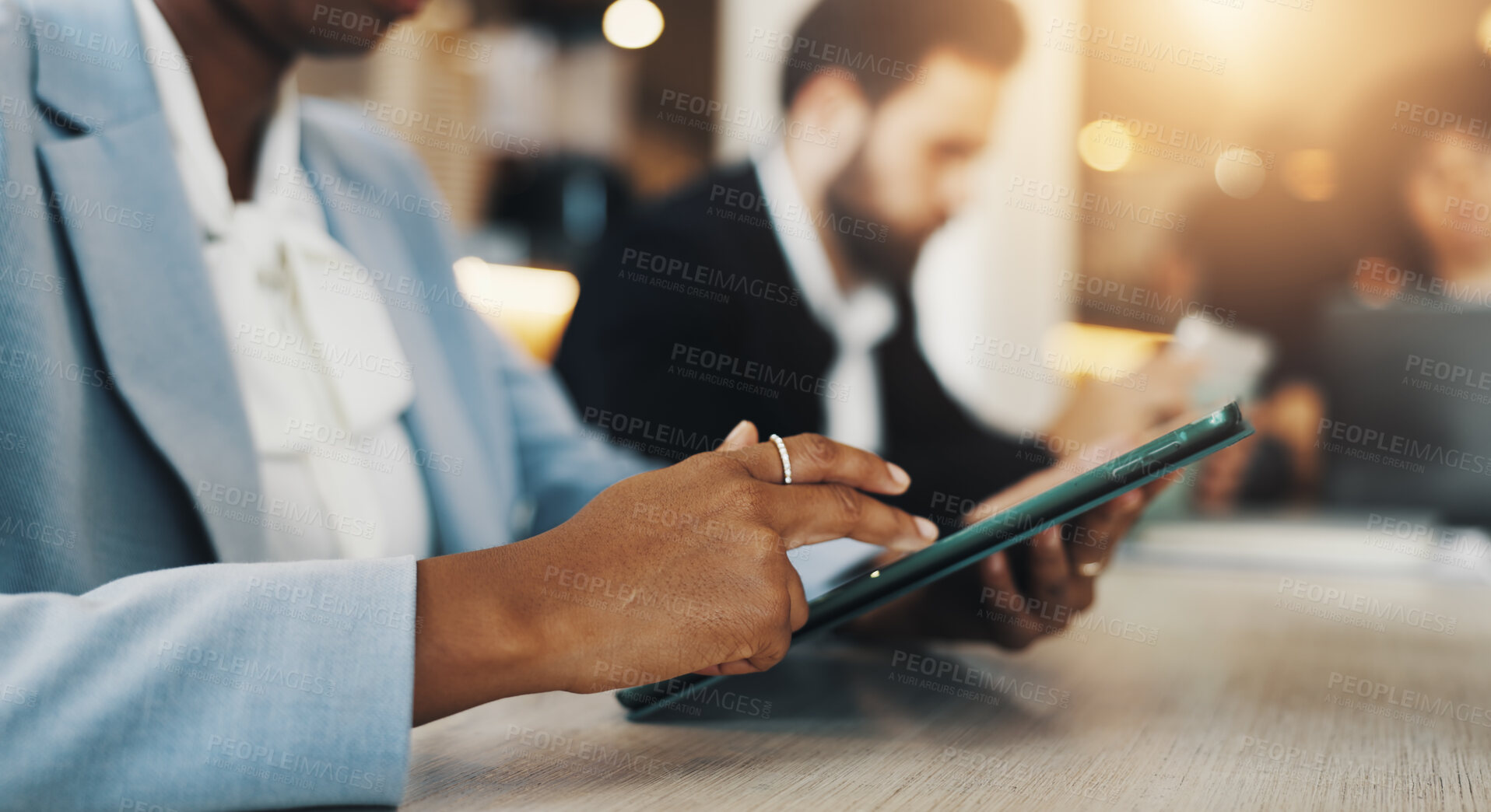 Buy stock photo Tablet, scroll and hands of person in cafe for restaurant rating, online review and search. Typing, hospitality survey and bakery website with closeup of customer in coffee shop for digital menu