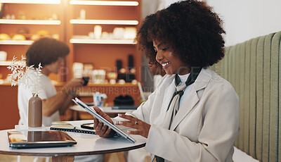 Buy stock photo Business, tablet and woman in cafe, internet and smile with confidence, copywriting and network. Person, consumer and employee in coffee shop, professional and tech with research for article and app