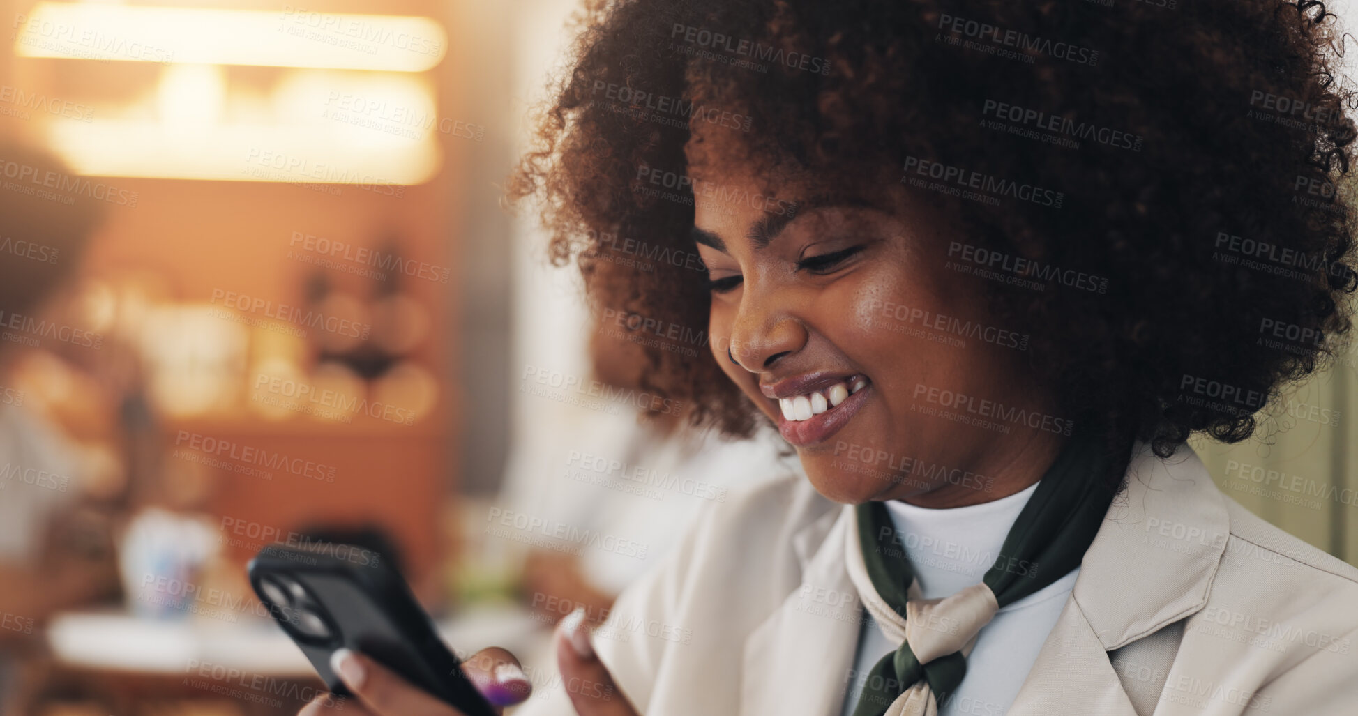 Buy stock photo Smile, news and businesswoman in cafe with phone for service review, ratings and hospitality survey. Restaurant menu, online or happy customer with mobile for break, coffee shop discount or feedback