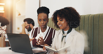 Buy stock photo Business, women and laptop in meeting at cafe for planning, discussion and ideas of project. People, talking and online with schedule update, proposal feedback and collaboration to review information