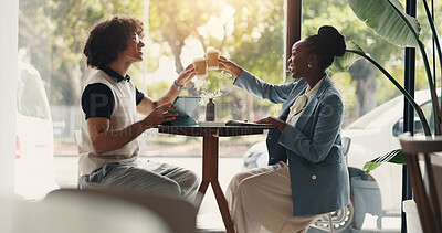 Buy stock photo Cheers, coffee and success with business people in cafe for support, achievement and teamwork. Lunch break, meeting and toast with employees in restaurant for winner, cafeteria and espresso drink