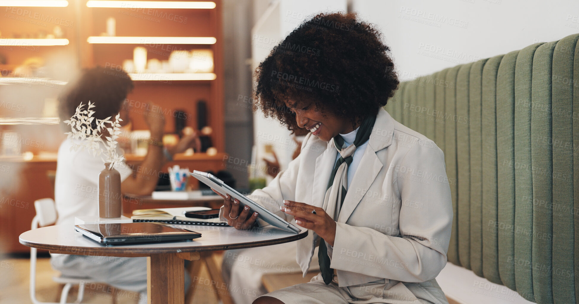 Buy stock photo Business, tablet and woman in cafe, smile and network with confidence, copywriting and customer. Person, journalist and employee in coffee shop, remote work and tech with research for article or app