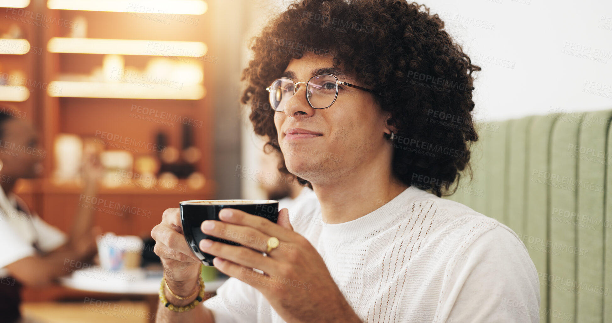 Buy stock photo Thinking, coffee and relax with man in cafe for reflection, lunch break and happiness. Vision, calm and latte beverage with male customer drinking in restaurant for espresso, idea and caffeine