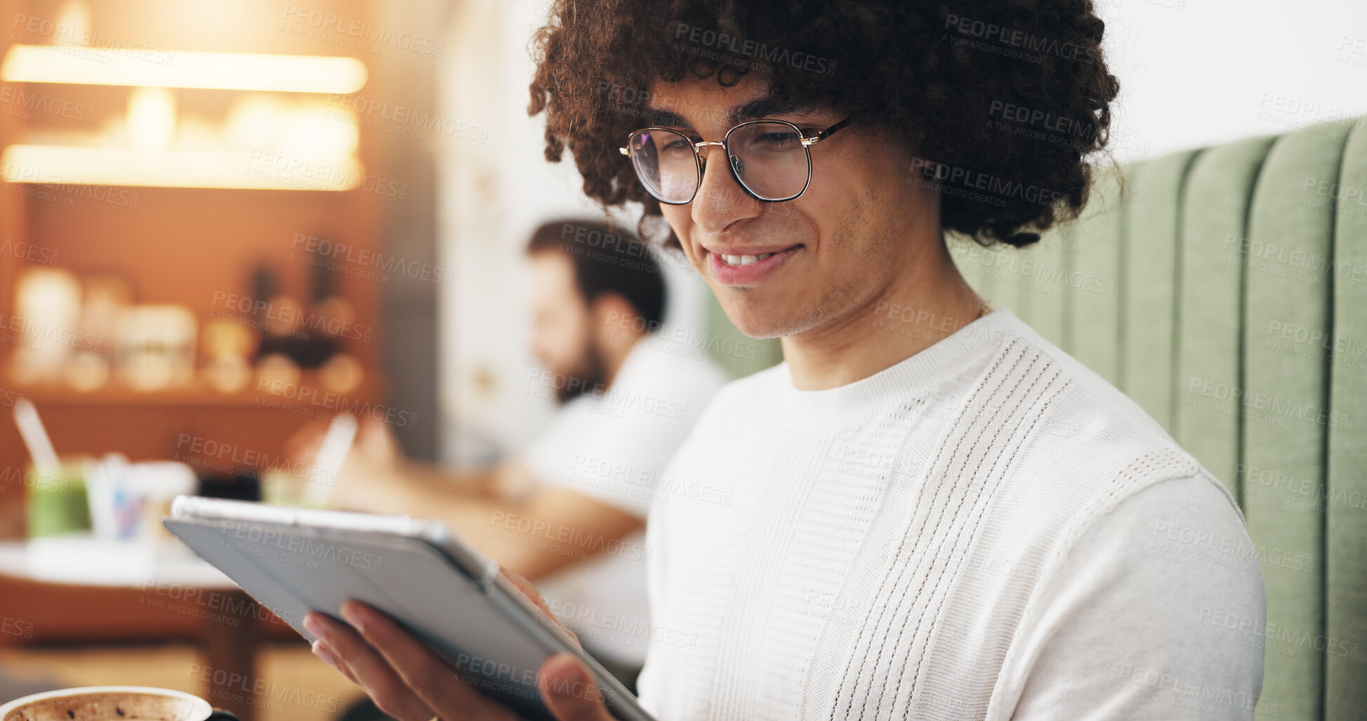 Buy stock photo Business, tablet and man in cafe, smile and digital app with confidence, copywriting and network. Person, creative and employee in coffee shop, connection or tech with research for article or relax