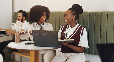 Buy stock photo Creative, women and laptop in meeting at cafe for planning, discussion and ideas of project. People, talking and online with schedule update, proposal feedback and collaboration to review information