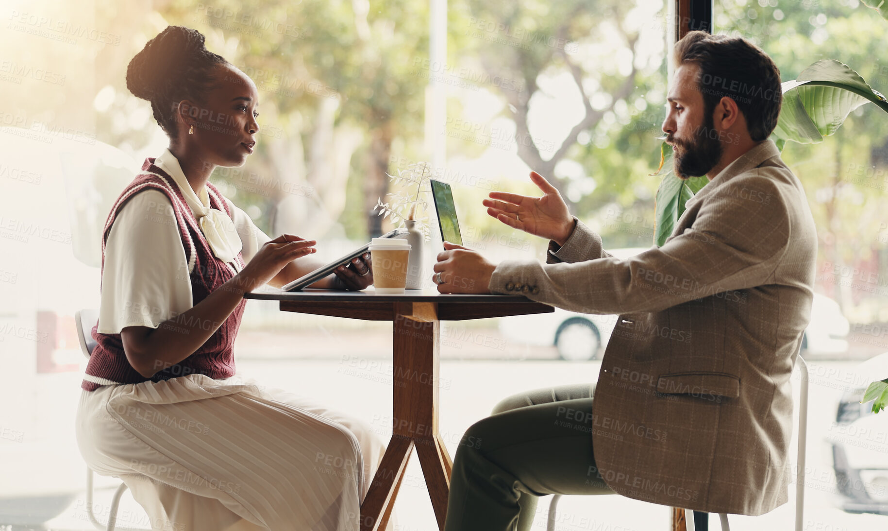 Buy stock photo People, talking and laptop in meeting at cafe for planning, discussion and ideas of project. Staff, conversation and tablet for schedule update, proposal feedback and b2b collaboration in coffee shop