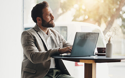 Buy stock photo Thinking, laptop and man in cafe for remote work, financial decision or investment online. Coffee shop, freelancer and planning on computer for idea, inspiration and reflection for problem solving 