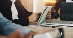 Remote work, hands and scroll on tablet in cafe for email communication, online report and freelancing. Entrepreneur, people and meeting in coffee shop for business, startup proposal and web research