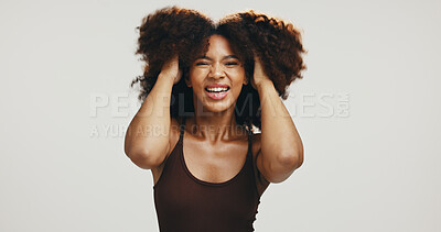 Buy stock photo Smile, hair and portrait of woman in studio for volume, natural texture and beauty. Happiness, self care and cosmetics with African person on white background for growth, shampoo and salon treatment