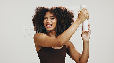 Buy stock photo Spray, hair and portrait of woman in studio for volume, natural texture and beauty. Hydration, self care and product with African person on white background for growth, shine and salon treatment