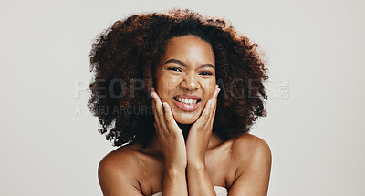 Buy stock photo Excited, afro or African woman for hair care, texture or glow for portrait, volume or natural style. Studio, space or model with beauty, smile and growth for cosmetics and results on white background