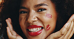 Beauty, lipstick and portrait of black woman with kiss for cosmetics, makeup and salon products. Aesthetic, cosmetology and face of happy person with red lips for glamour, wellness and glow in studio