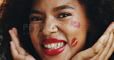 Buy stock photo Beauty, lipstick and portrait of black woman with kiss for cosmetics, makeup and salon products. Aesthetic, cosmetology and face of happy person with red lips for glamour, wellness and glow in studio