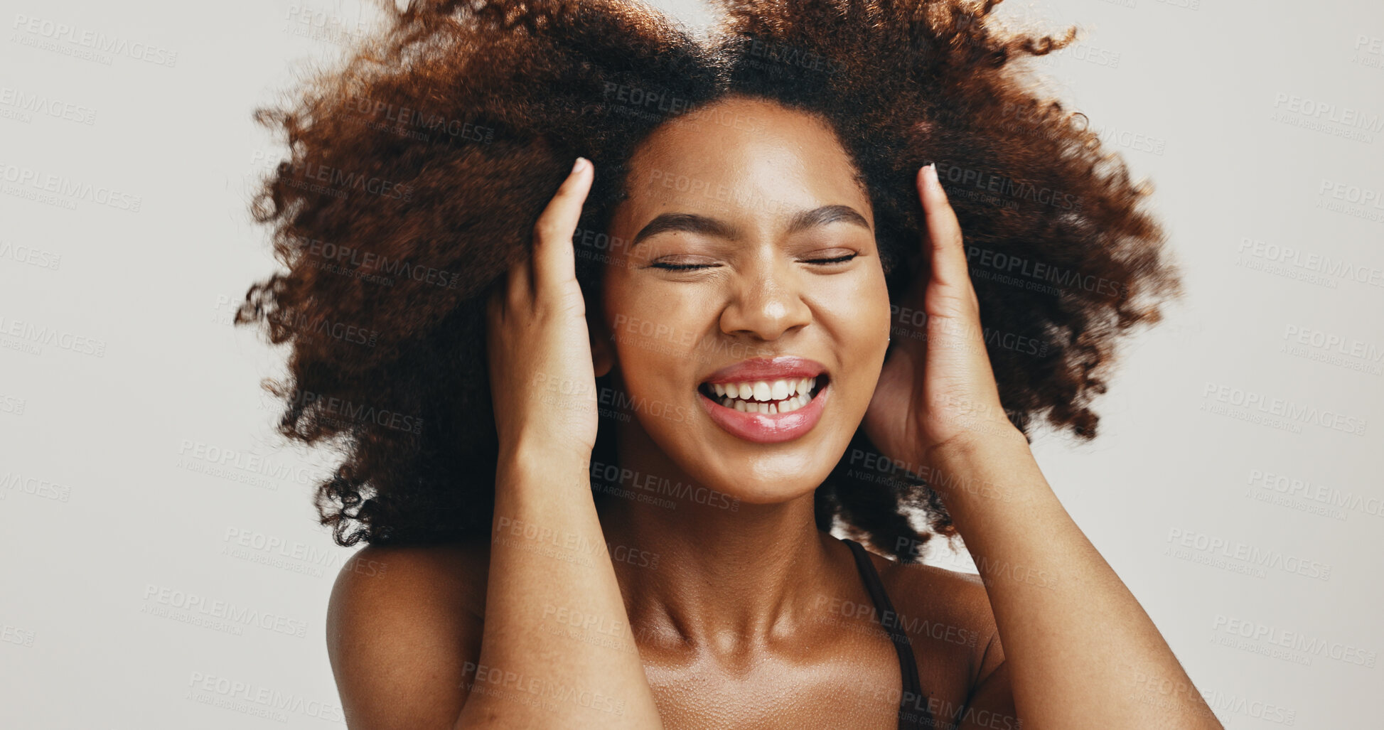 Buy stock photo Excited, afro or African woman with hair care, texture or glow for health, volume or natural shampoo. Studio, face or model with beauty, smile or growth with confidence or results by white background