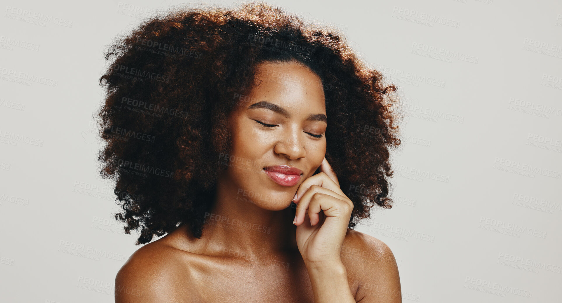 Buy stock photo Smile, skincare and beauty with woman in studio for spa treatment, self care and cosmetics. Aesthetic, collagen and dermatology with African person on white background for shine, glow and salon