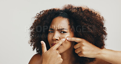 Buy stock photo Portrait, African woman and skincare for acne, checking and skin breakout on white studio background. Squeeze, model and person with cosmetics, blemish and spa treatment for natural beauty aesthetic