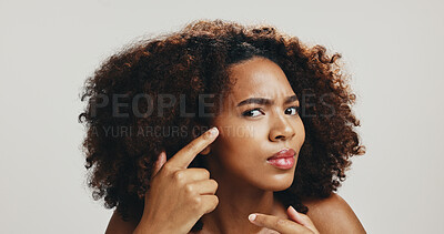 Buy stock photo Portrait, woman and skincare for acne, checking and skin breakout on white studio background. Grooming, African model and person with cosmetics, blemish and spa treatment for natural beauty aesthetic