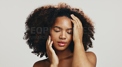 Buy stock photo Beauty, afro or African woman for hair care, texture and glow for volume, shine and natural shampoo. Studio, clean or model with peace, health or growth with cosmetics and results by white background