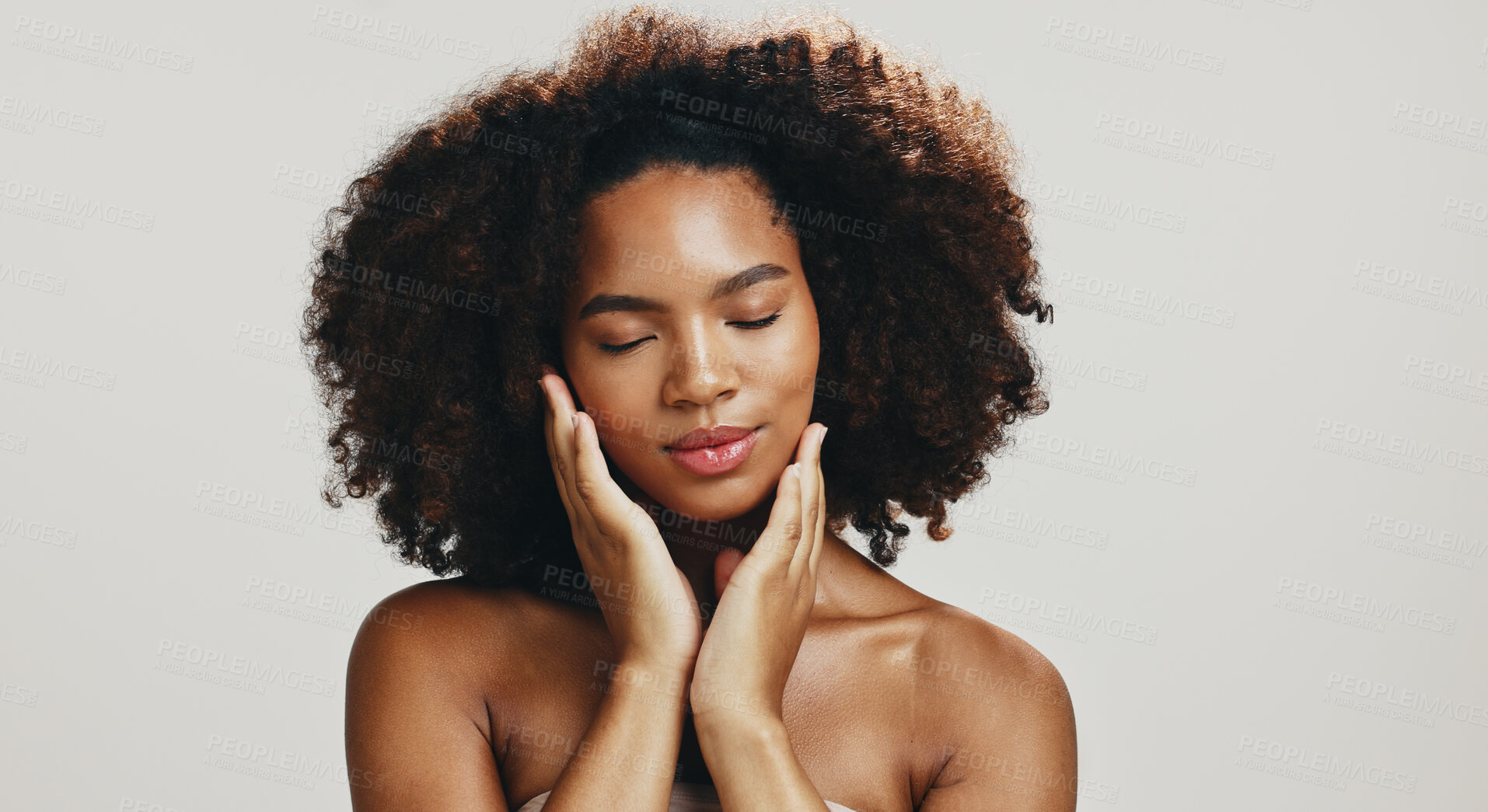 Buy stock photo Woman, face touch and natural beauty in studio for wellness and dermatology isolated on white background. African model, treatment and skincare with glow, satisfaction and space for cosmetics shine