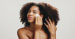 Cotton, skincare and beauty with portrait of woman in studio for spa treatment, self care and cosmetic. Aesthetic, toner pad and dermatology with African person on white background for shine and glow