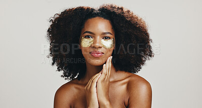 Buy stock photo Eye patches, skincare and portrait of woman in studio for wellness, anti aging or facial treatment. Dermatology, spa and African person with pads for collagen, beauty or cosmetics on white background