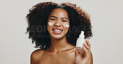 Buy stock photo Cream, skincare and beauty with portrait of woman in studio for spa treatment, self care and cosmetic. Space, lotion and dermatology with African person on white background for shine and glow
