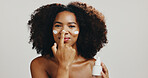 Cream, skincare and glow with portrait of woman in studio for spa treatment, self care and cosmetic. Aesthetic, lotion and dermatology with African person on white background for shine and beauty