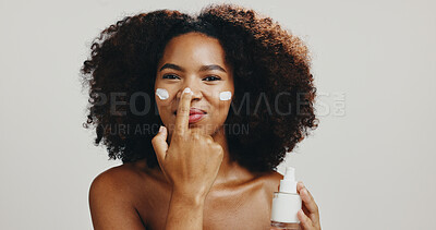Buy stock photo Cream, skincare and glow with portrait of woman in studio for spa treatment, self care and cosmetic. Aesthetic, lotion and dermatology with African person on white background for shine and beauty