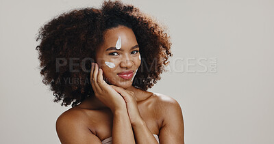 Buy stock photo Studio, face cream and portrait of woman for skincare, beauty product and facial care with lotion. Dermatology, salon and African person for wellness, cosmetics and skin hydration on white background