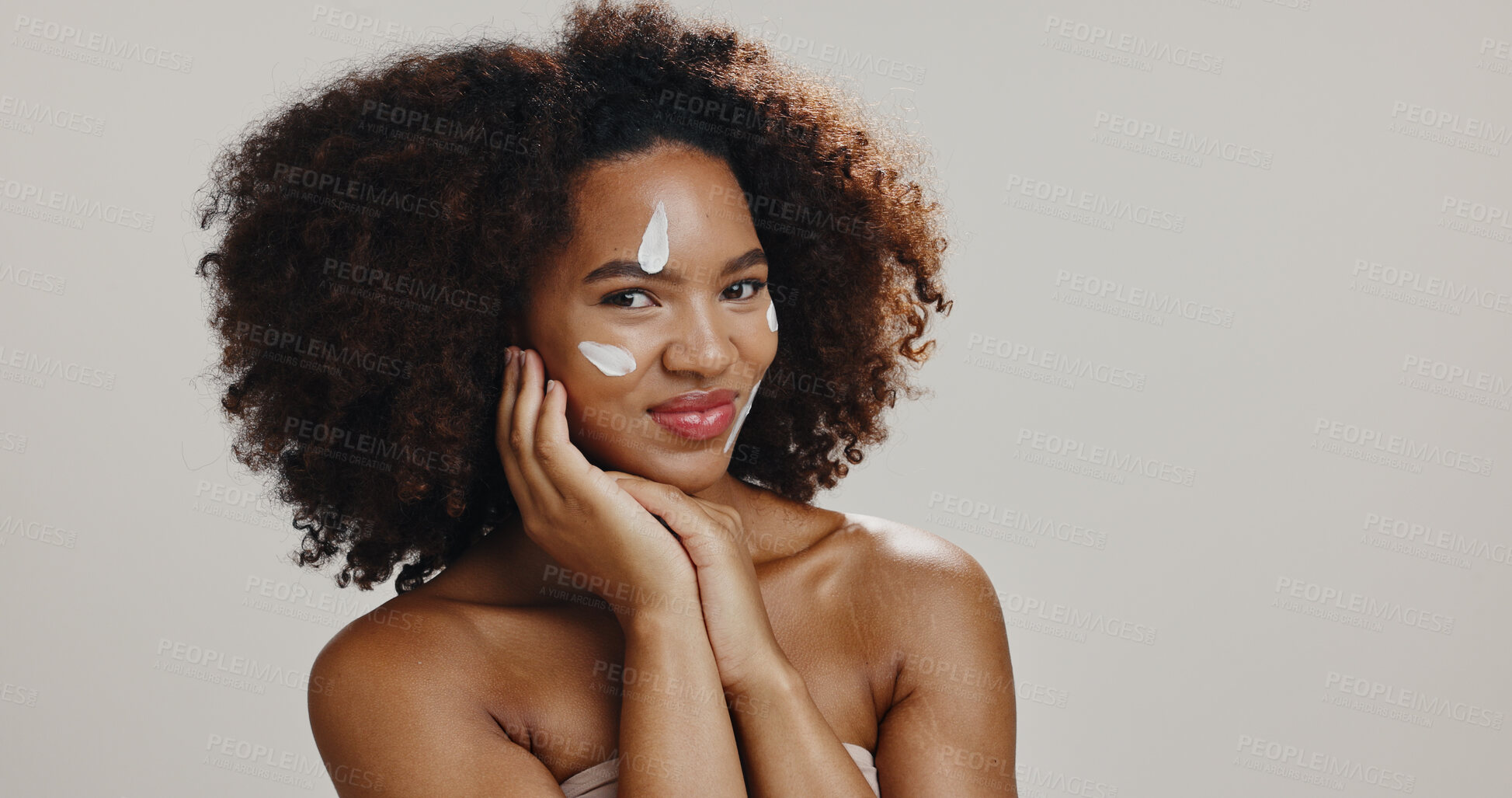 Buy stock photo Studio, face cream and portrait of woman for skincare, beauty product and facial care with lotion. Dermatology, salon and African person for wellness, cosmetics and skin hydration on white background