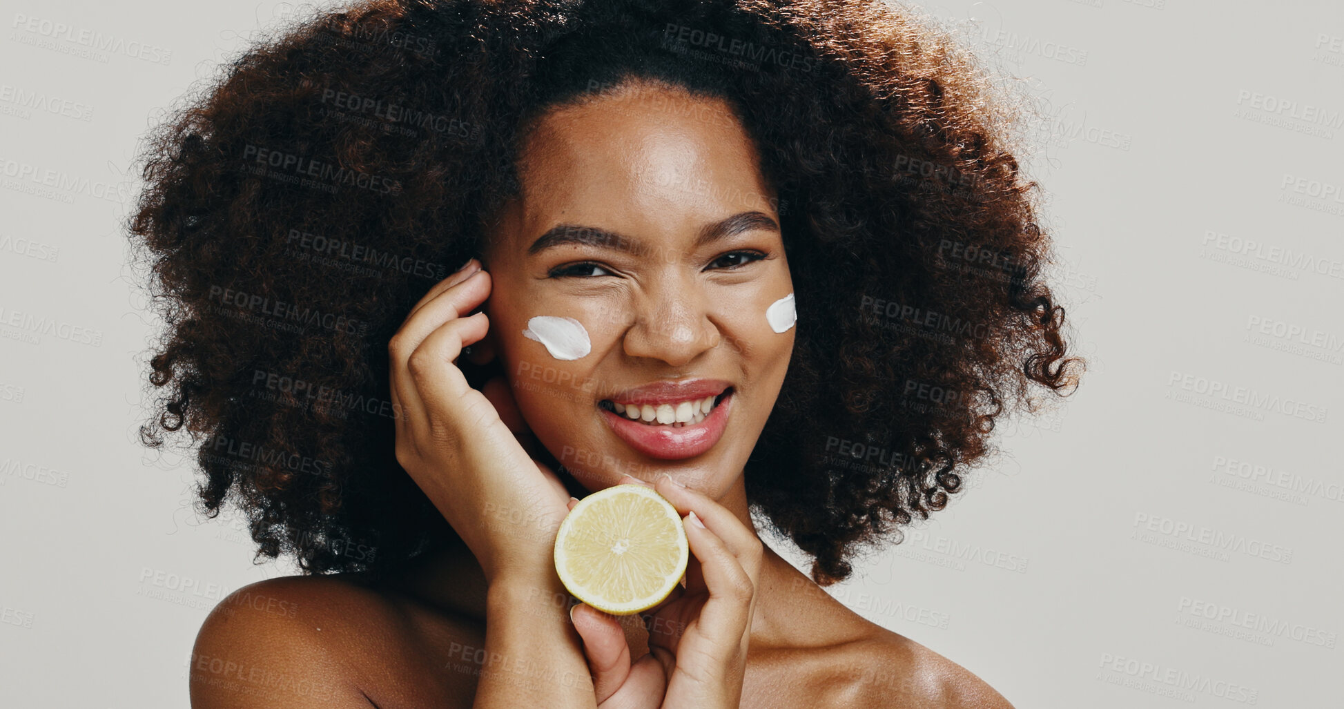 Buy stock photo Lemon, face cream and portrait of woman for skincare, natural products and vitamin c. Dermatology, spa and person with fruit for facial wellness, organic cosmetics and beauty on studio background