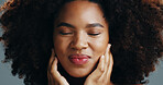 Beauty, hair care and face of African happy woman in studio for wellness, cosmetics and facial treatment. Dermatology, spa and person smile for health, salon and natural texture on white background