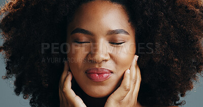 Buy stock photo Beauty, hair care and face of African happy woman in studio for wellness, cosmetics and facial treatment. Dermatology, spa and person smile for health, salon and natural texture on white background