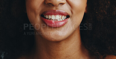 Buy stock photo Smile, dental and closeup of lips of woman for oral hygiene, teeth whitening and self care. Happiness, orthodontics and gum health with mouth of person for grooming, results and wellness cleaning