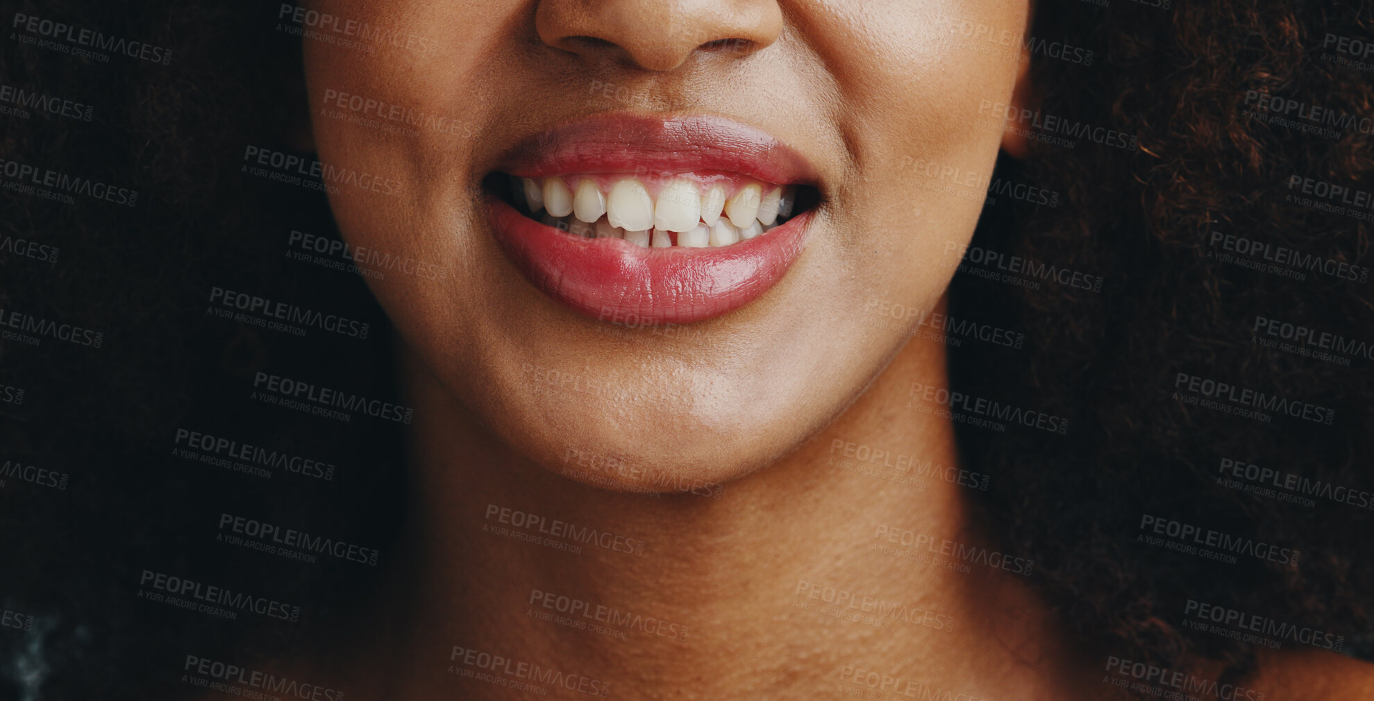 Buy stock photo Smile, dental and closeup of lips of woman for oral hygiene, teeth whitening and self care. Happiness, orthodontics and gum health with mouth of person for grooming, results and wellness cleaning