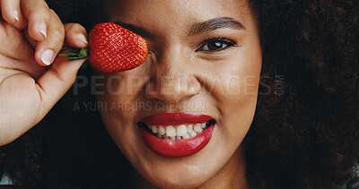 Buy stock photo Strawberry, happy and woman in red lipstick for beauty with natural antioxidants, lips hydration or vitamin c. African girl, smile and fruit for pigmentation reduction, nourishing skin or exfoliation