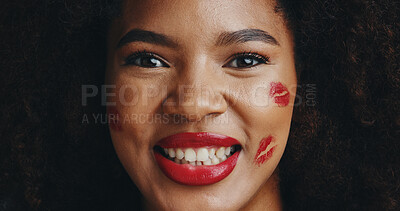 Buy stock photo Beauty, lipstick and portrait of happy woman with kiss for cosmetics, makeup and salon products. Aesthetic, cosmetology and face of African person with red lips for glamour, shine and glow in studio
