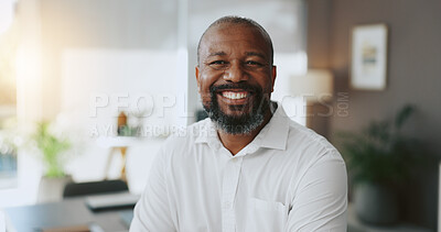 Buy stock photo Mature, portrait and confident black man in office as proud project manager in Kenya for development. Opportunity, professional and entrepreneur of startup company with mission or business commitment
