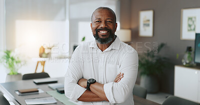 Buy stock photo Mature, portrait or black man with arms crossed in office as confident project manager for development. Opportunity, smile or proud entrepreneur in startup company with mission or business commitment