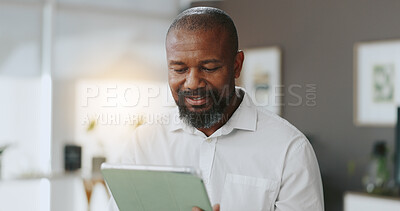 Buy stock photo Tablet, planning and reading with business black man in office for research, client feedback and idea. Smile, project progress and update with person in creative agency for online review and report
