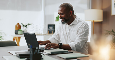 Buy stock photo Office, black man and smile with laptop for lawyer, case research and law firm for legal aid. Career, mature person and business attorney with digital for corporate justice, review email and report