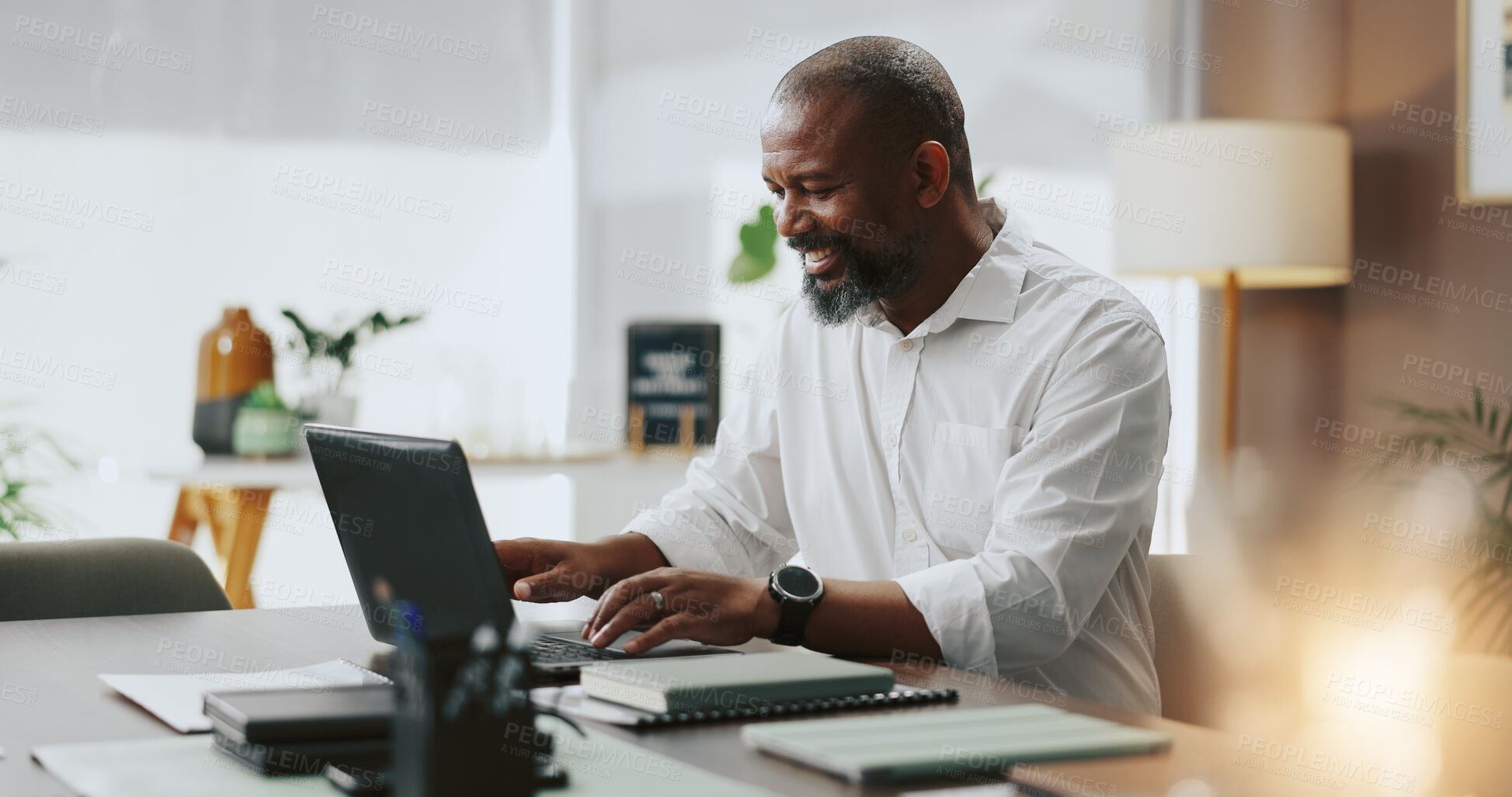 Buy stock photo Office, black man and smile with laptop for lawyer, case research and law firm for legal aid. Career, mature person and business attorney with digital for corporate justice, review email and report