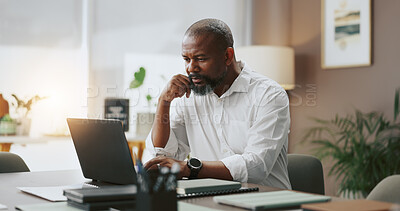 Buy stock photo News, finance or African businessman with laptop for budget savings, banking or research. Financial review, mature or investment banker in office for money management info, taxes or profit growth