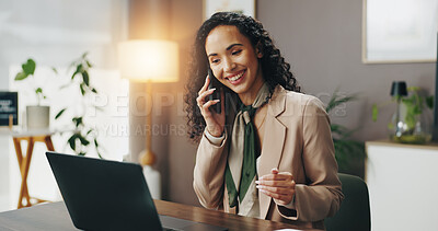 Buy stock photo Office, businesswoman and smile with phone call for discussion, professional case and lawyer for legal aid. Laptop, female person and attorney with mobile for corporate justice, advice and contact